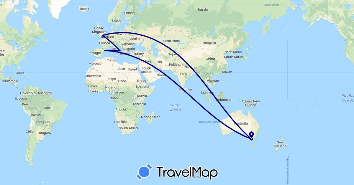 TravelMap itinerary: driving in United Arab Emirates, Australia, Spain, United Kingdom, Italy (Asia, Europe, Oceania)